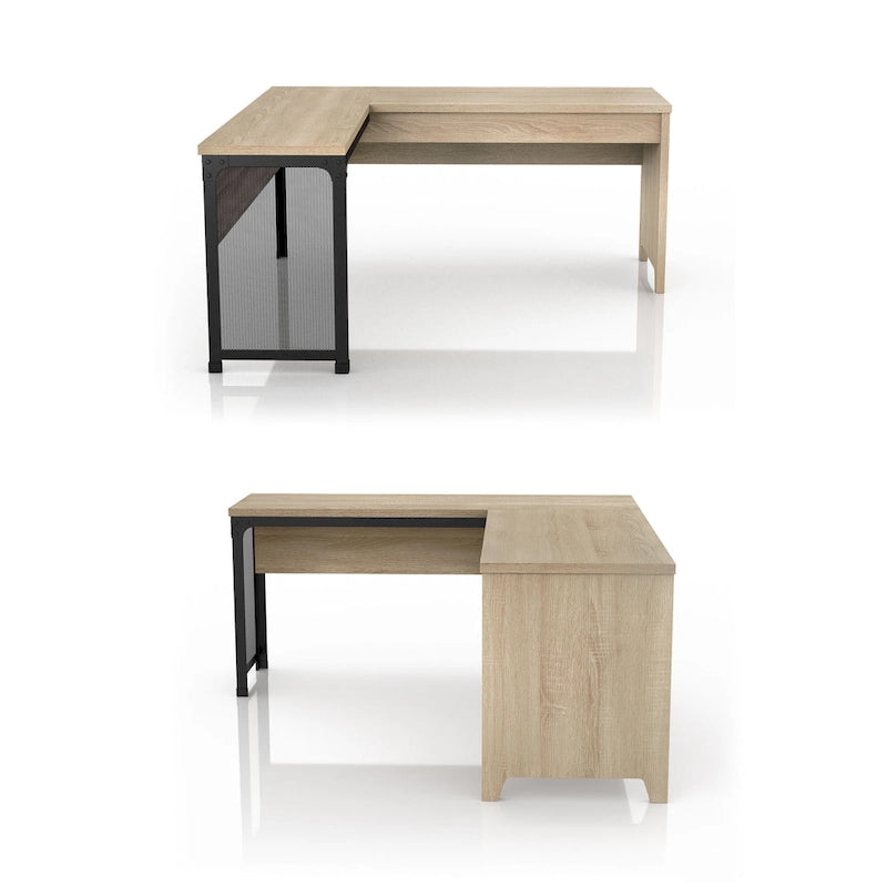 Industrial Natural Oak 65-inch L-Shaped Standing Desk with Lift-Top Storage - Metal Frame Corner Workstation