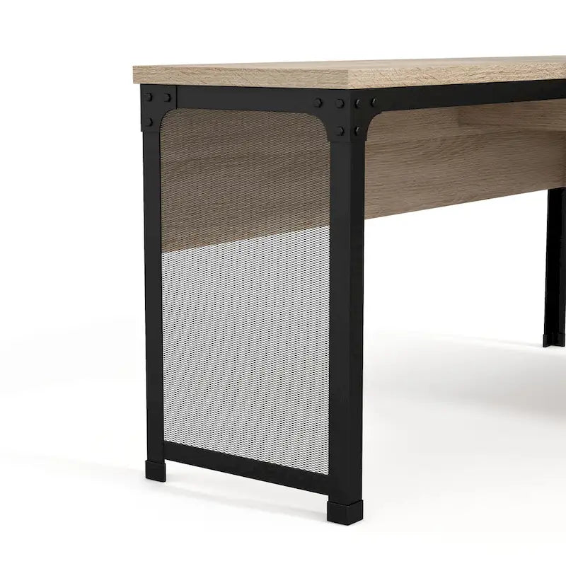 Industrial Natural Oak 65-inch L-Shaped Standing Desk with Lift-Top Storage - Metal Frame Corner Workstation