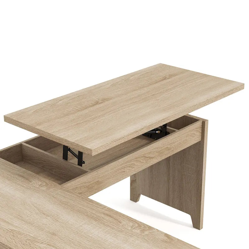 Industrial Natural Oak 65-inch L-Shaped Standing Desk with Lift-Top Storage - Metal Frame Corner Workstation