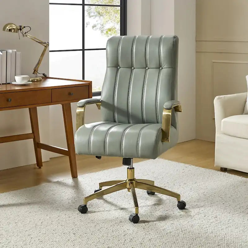 Mid-Century Modern Vegan Leather Office Chair - Swivel Tilting Ergonomic Desk Chair with Channel Tufted Design & Adjustable Height