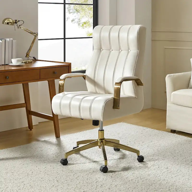 Mid-Century Modern Vegan Leather Office Chair - Swivel Tilting Ergonomic Desk Chair with Channel Tufted Design & Adjustable Height