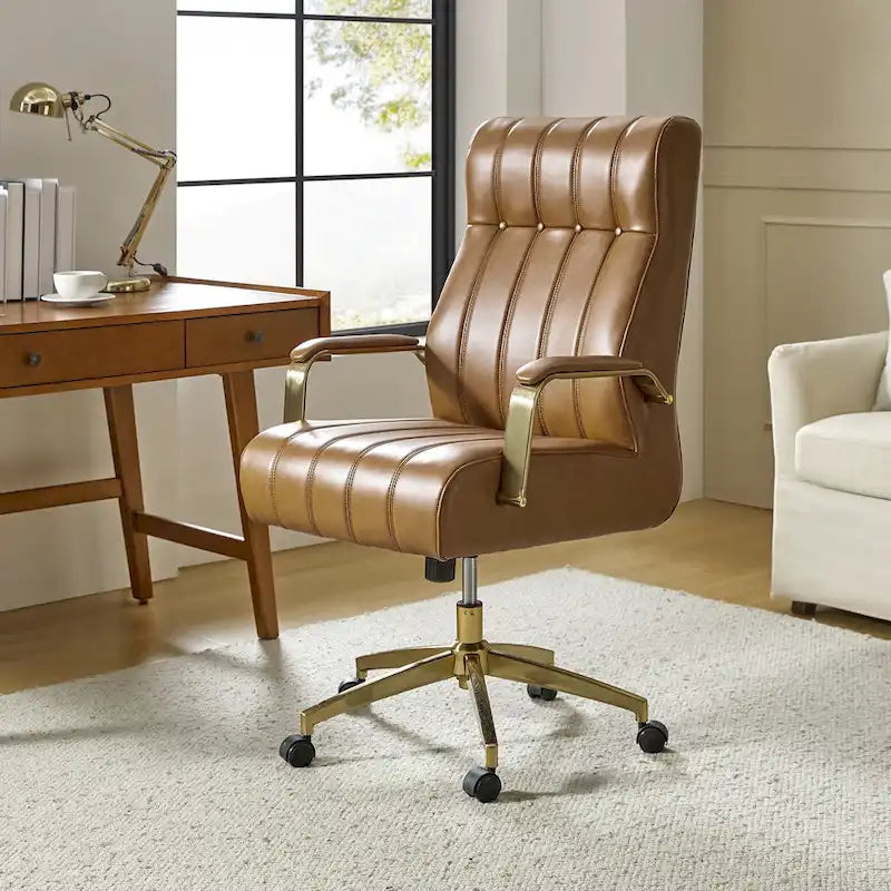 Mid-Century Modern Vegan Leather Office Chair - Swivel Tilting Ergonomic Desk Chair with Channel Tufted Design & Adjustable Height