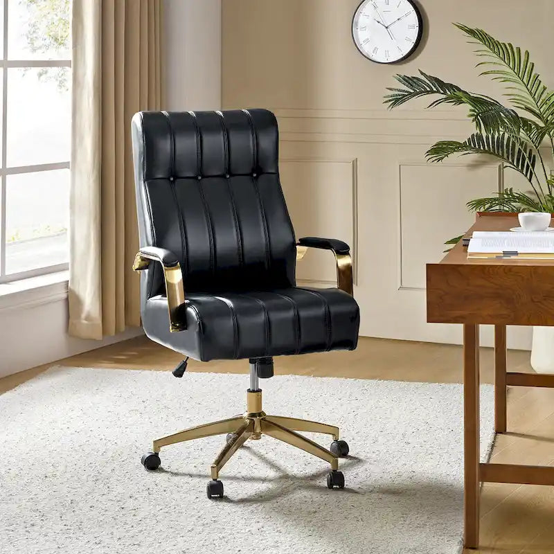 Mid-Century Modern Vegan Leather Office Chair - Swivel Tilting Ergonomic Desk Chair with Channel Tufted Design & Adjustable Height