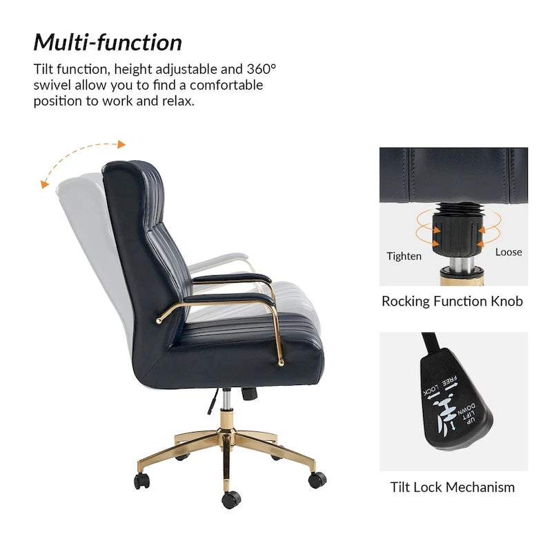 Mid-Century Modern Vegan Leather Office Chair - Swivel Tilting Ergonomic Desk Chair with Channel Tufted Design & Adjustable Height