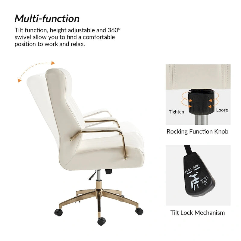 Mid-Century Modern Vegan Leather Office Chair - Swivel Tilting Ergonomic Desk Chair with Channel Tufted Design & Adjustable Height