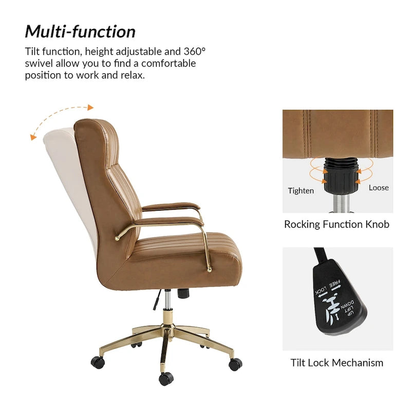 Mid-Century Modern Vegan Leather Office Chair - Swivel Tilting Ergonomic Desk Chair with Channel Tufted Design & Adjustable Height