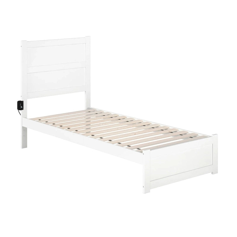 Twin XL Platform Bed White Wood with Footboard USB Charging Station Mid-Century Modern 81.5" 600lbs Capacity