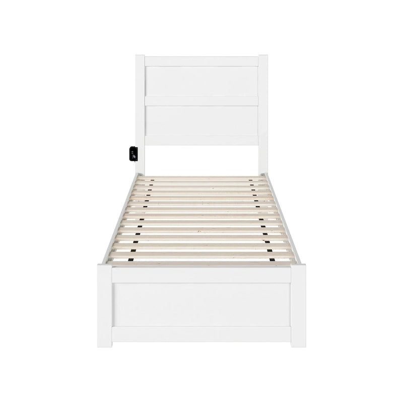 Twin XL Platform Bed White Wood with Footboard USB Charging Station Mid-Century Modern 81.5" 600lbs Capacity