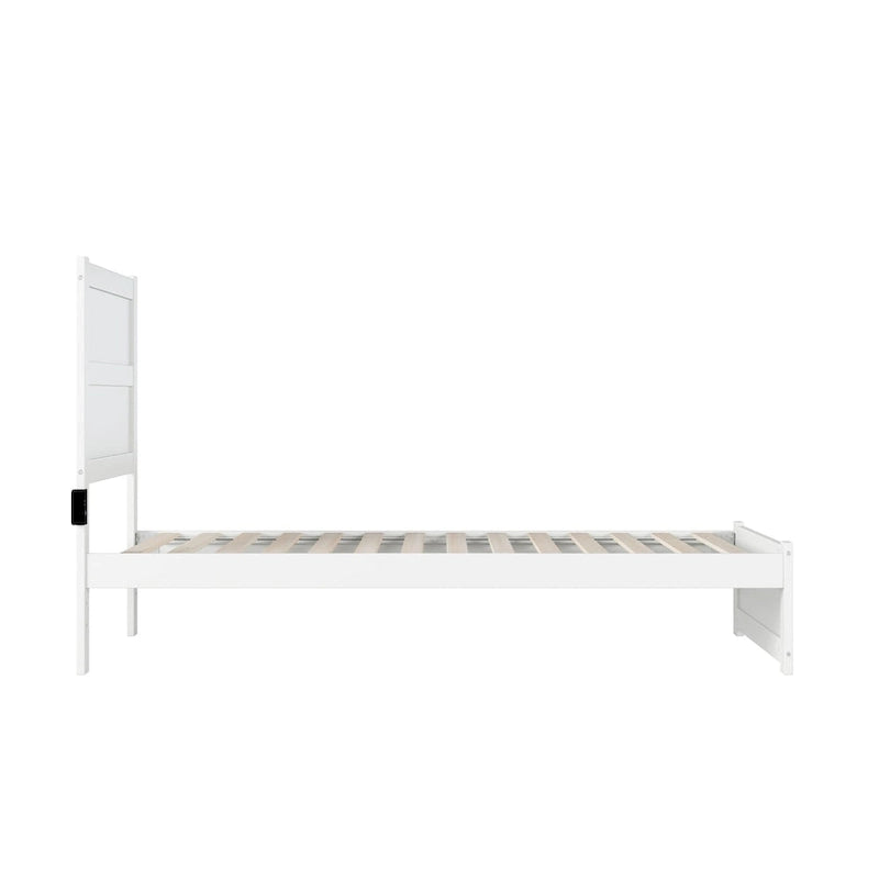 Twin XL Platform Bed White Wood with Footboard USB Charging Station Mid-Century Modern 81.5" 600lbs Capacity