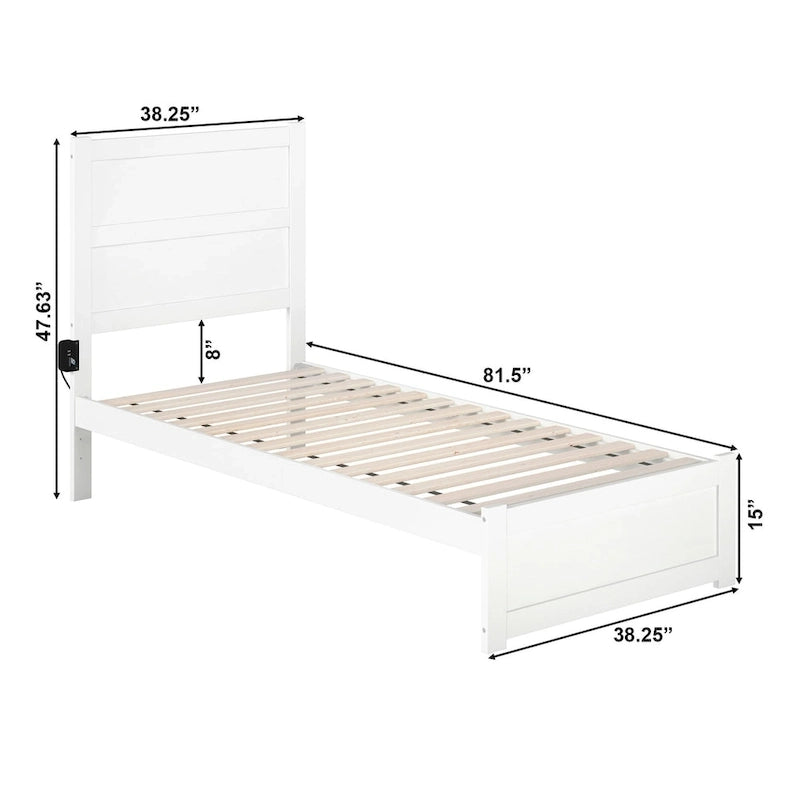 Twin XL Platform Bed White Wood with Footboard USB Charging Station Mid-Century Modern 81.5" 600lbs Capacity