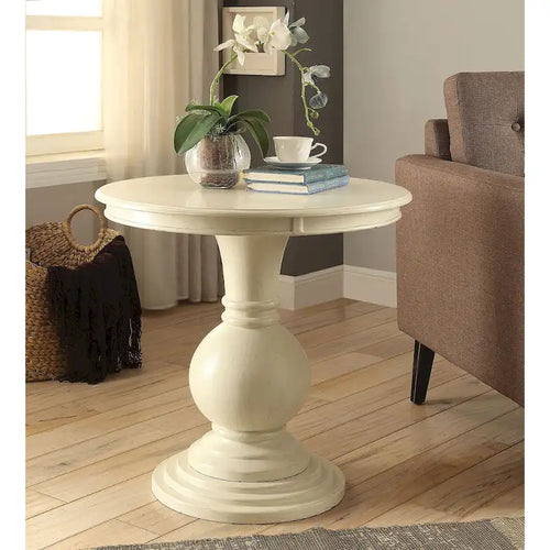 26" Round Pedestal Side Table - Antique White Wooden Accent Table with Ball Base - 26" Height