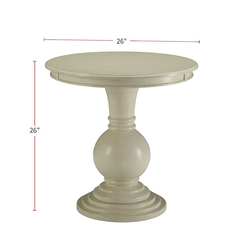 26" Round Pedestal Side Table - Antique White Wooden Accent Table with Ball Base - 26" Height