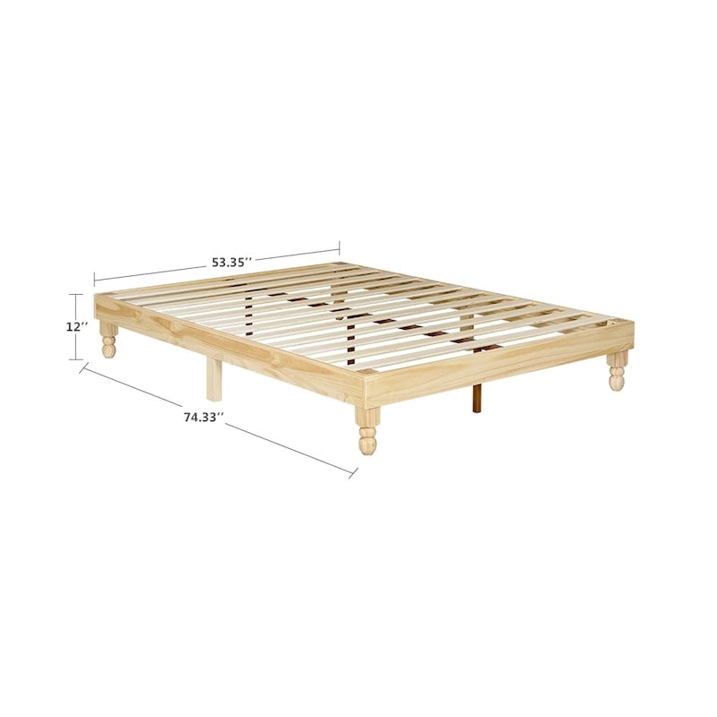 12 Inch Solid Pinewood Platform Bed Frame with Wooden Slats - Full Size Natural Finish - No Box Spring Needed - Easy Assembly