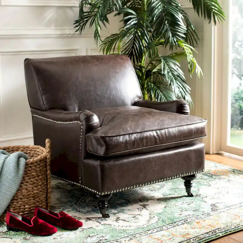Transitional Club Chair with Nailhead Trim - 29W x 34D x 31.5H - Espresso Legs with Casters