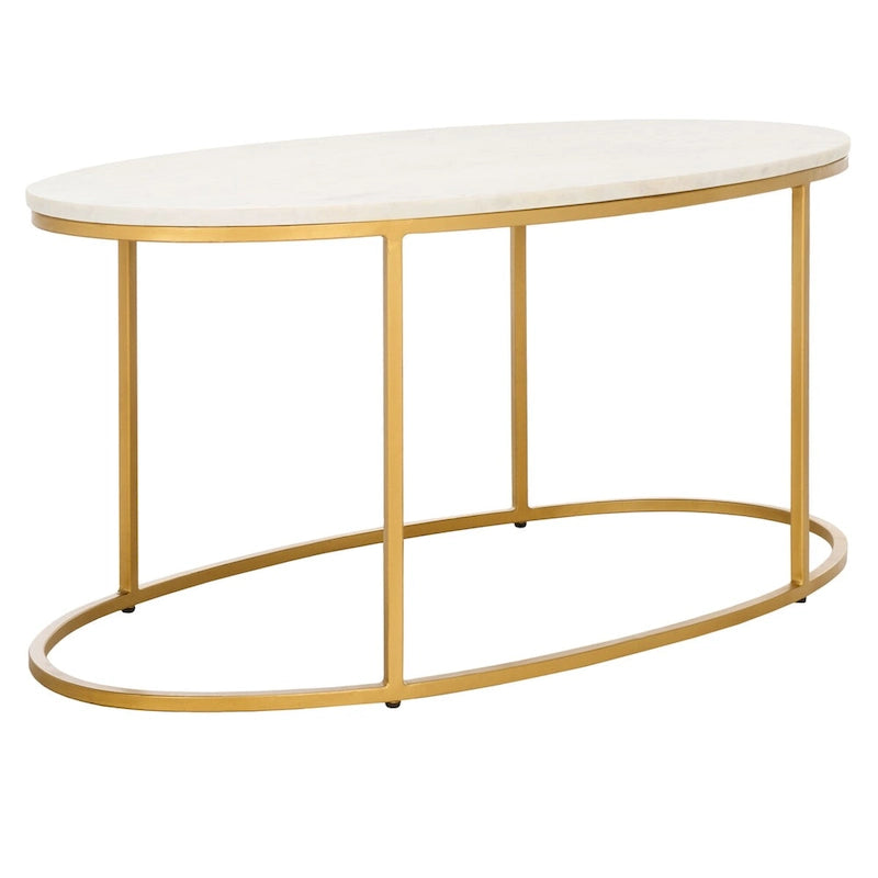 Florine Marble Coffee Table Art Deco Gold Frame 39x21x18.3 Inch Fully Assembled White Marble Top Modern Living Room Furniture