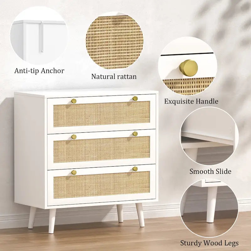 Anmytek Mid-Century Modern 3-Drawer White Dresser Rattan Chest of Drawers Storage Organizer for Bedroom