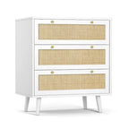 Anmytek Mid-Century Modern 3-Drawer White Dresser Rattan Chest of Drawers Storage Organizer for Bedroom