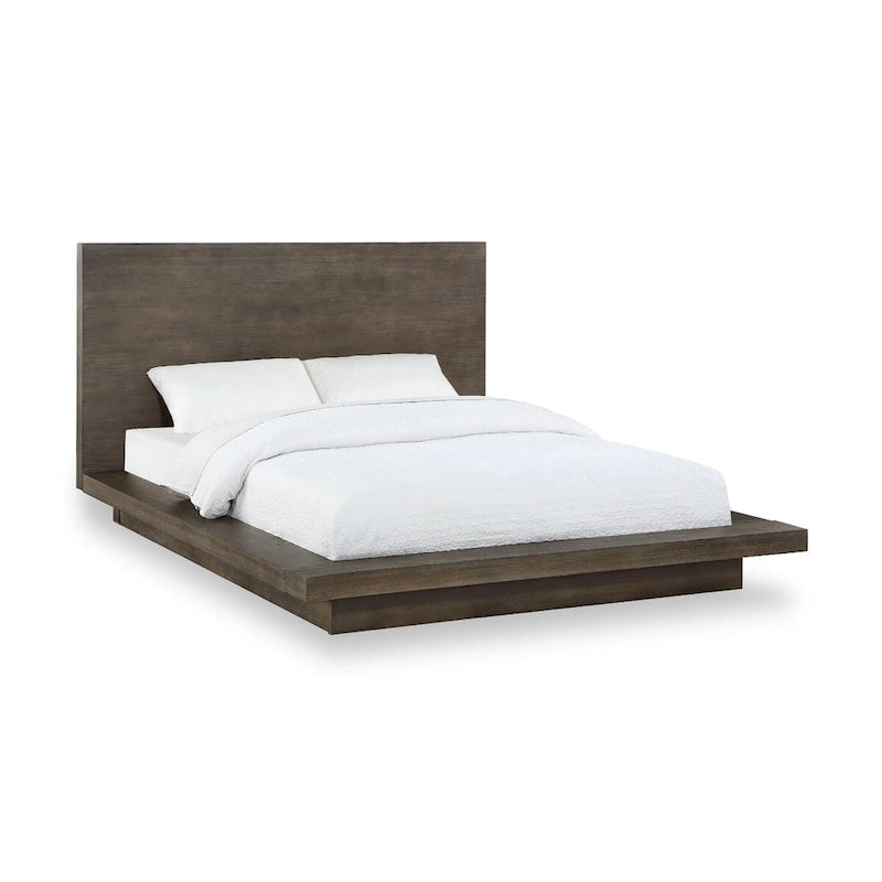 Nels Pine Wood Platform Queen Bed, Plinth Base, Distressed Brown