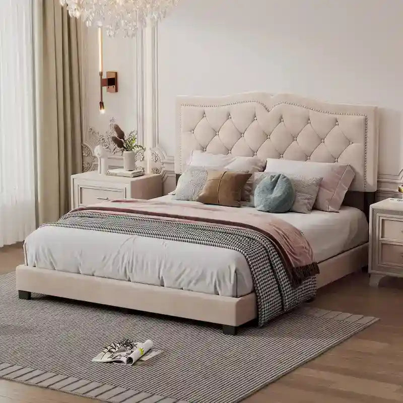 Queen Size Velvet Upholstered Platform Bed with Tufted Headboard