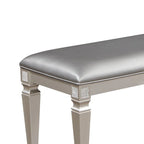 60 Inch Dining Bench Silver Gray Faux Leather Upholstered Metallic Taupe Wood Frame Contemporary Style