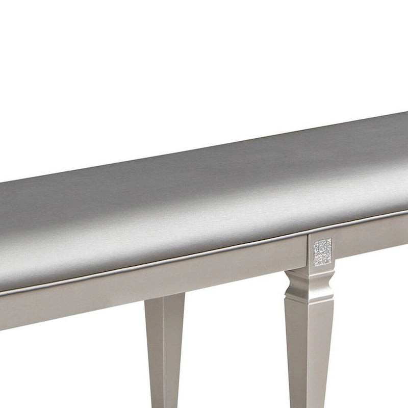 60 Inch Dining Bench Silver Gray Faux Leather Upholstered Metallic Taupe Wood Frame Contemporary Style