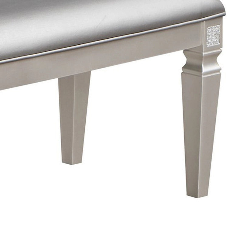 60 Inch Dining Bench Silver Gray Faux Leather Upholstered Metallic Taupe Wood Frame Contemporary Style