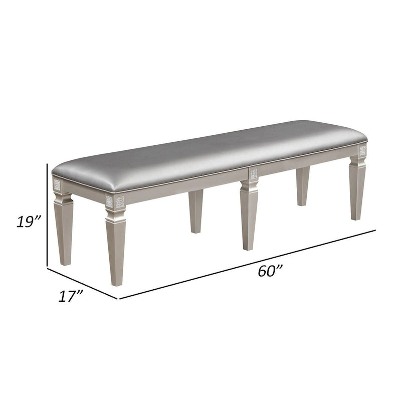 60 Inch Dining Bench Silver Gray Faux Leather Upholstered Metallic Taupe Wood Frame Contemporary Style