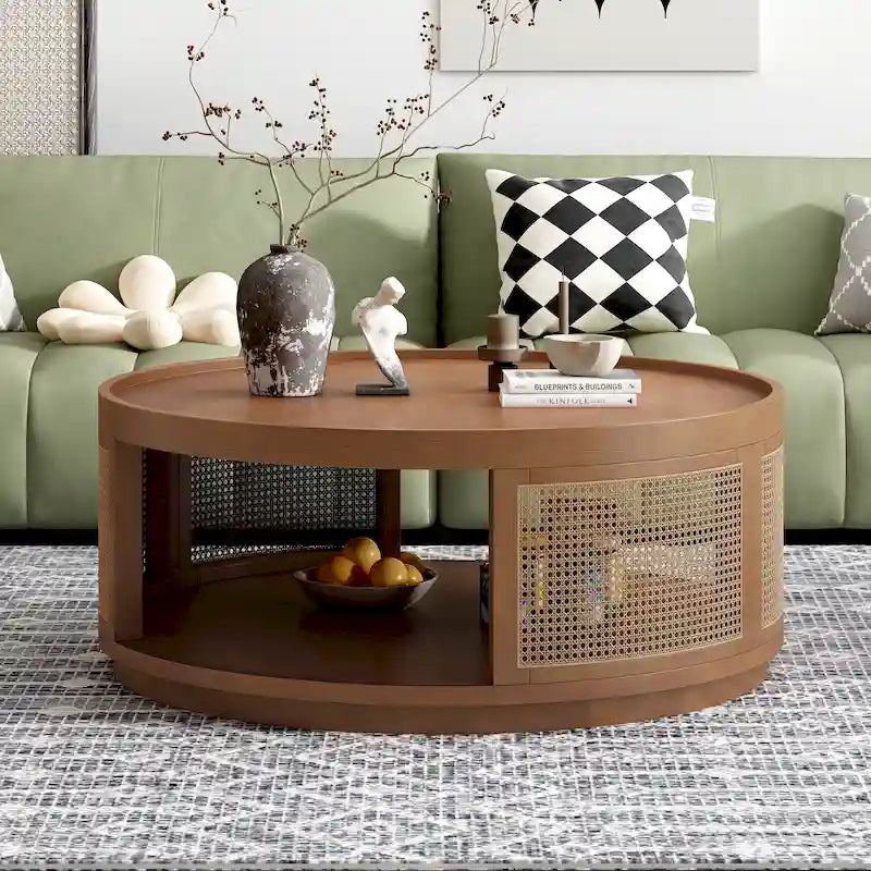 Round Coffee Table 37.1" with PE Rattan Sides & Storage Shelf - Mid-Century Modern Wood Cane Design, 225 lbs Capacity