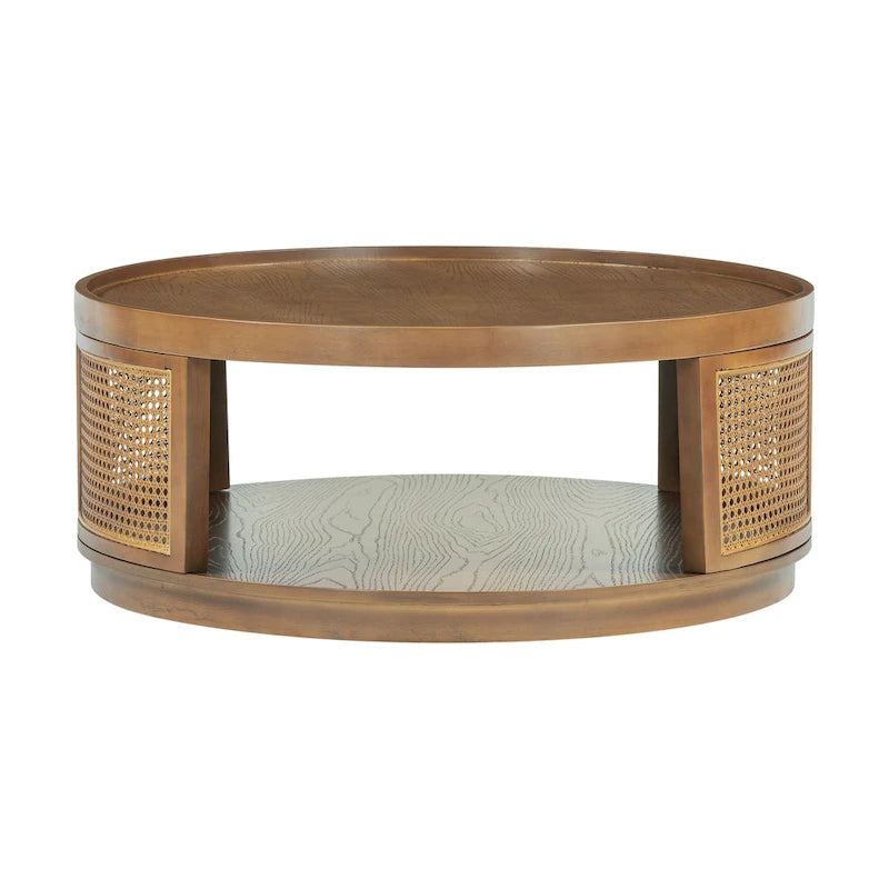 Round Coffee Table 37.1" with PE Rattan Sides & Storage Shelf - Mid-Century Modern Wood Cane Design, 225 lbs Capacity