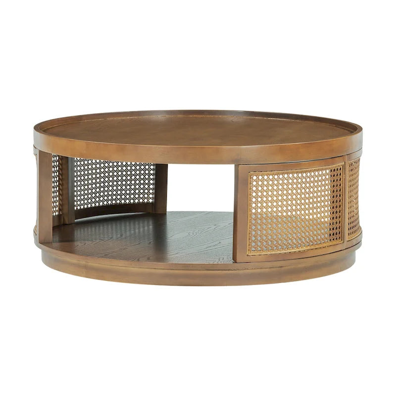 Round Coffee Table 37.1" with PE Rattan Sides & Storage Shelf - Mid-Century Modern Wood Cane Design, 225 lbs Capacity
