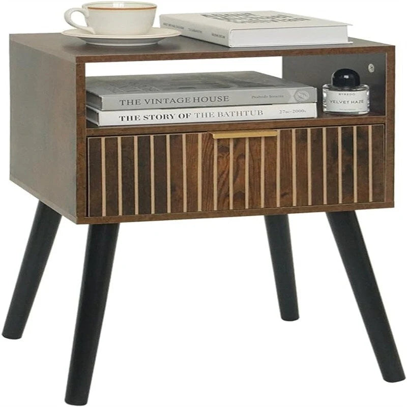 Small Nightstand 15.7"W x 23.6"H with Drawer - Mid-Century Modern Wood Bedside Table, Walnut Finish, 2-Tier Storage