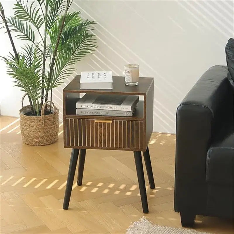 Small Nightstand 15.7"W x 23.6"H with Drawer - Mid-Century Modern Wood Bedside Table, Walnut Finish, 2-Tier Storage