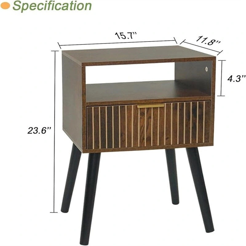 Small Nightstand 15.7"W x 23.6"H with Drawer - Mid-Century Modern Wood Bedside Table, Walnut Finish, 2-Tier Storage