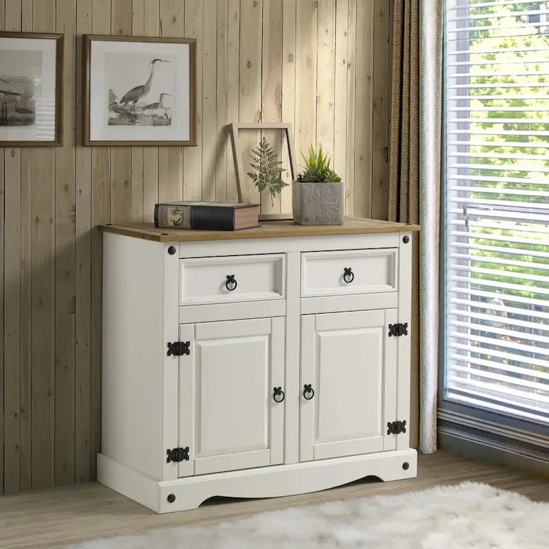 OS Home and Office Furniture Model COW915 Cottage Series Wood Buffet Sideboard in Distressed White