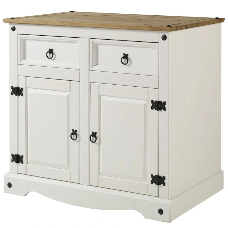 Cottage Series Wood Buffet Sideboard 35.83" W x 31.69" H Distressed White with Pine Top - 2 Drawer 2 Door Storage Cabinet