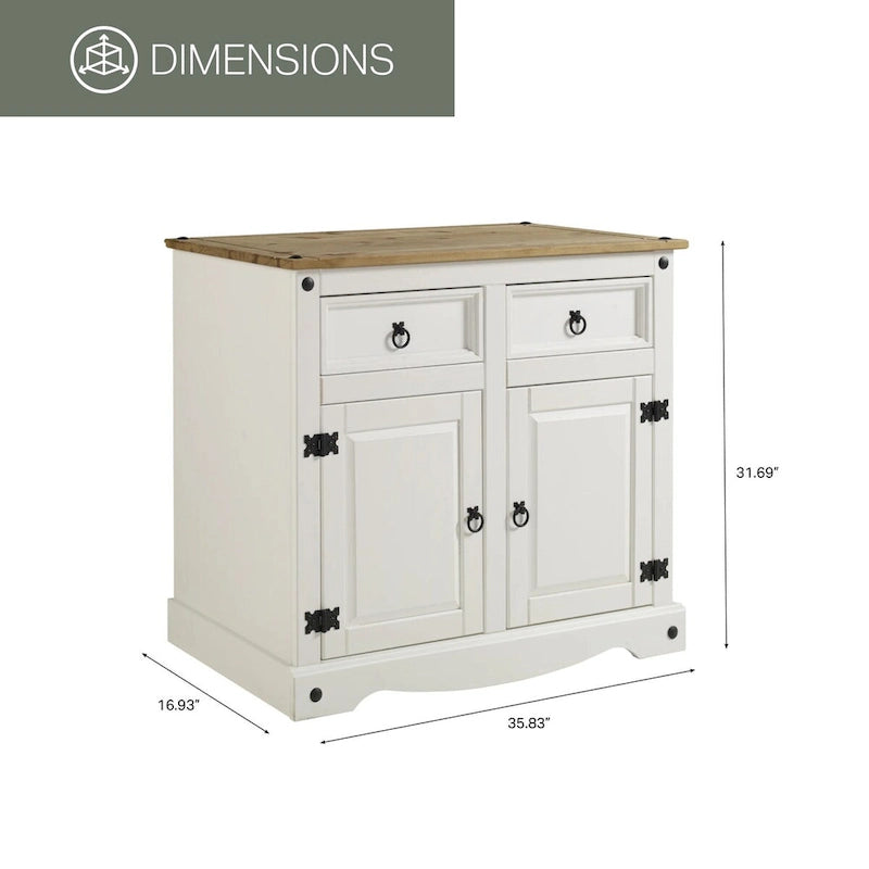 Cottage Series Wood Buffet Sideboard 35.83" W x 31.69" H Distressed White with Pine Top - 2 Drawer 2 Door Storage Cabinet