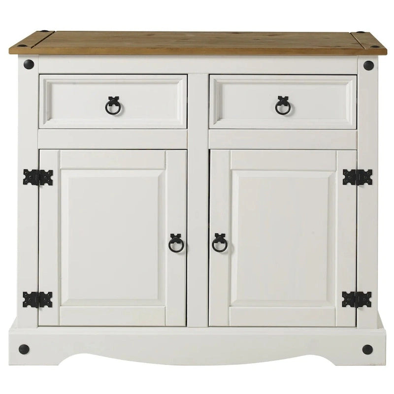 Cottage Series Wood Buffet Sideboard 35.83" W x 31.69" H Distressed White with Pine Top - 2 Drawer 2 Door Storage Cabinet