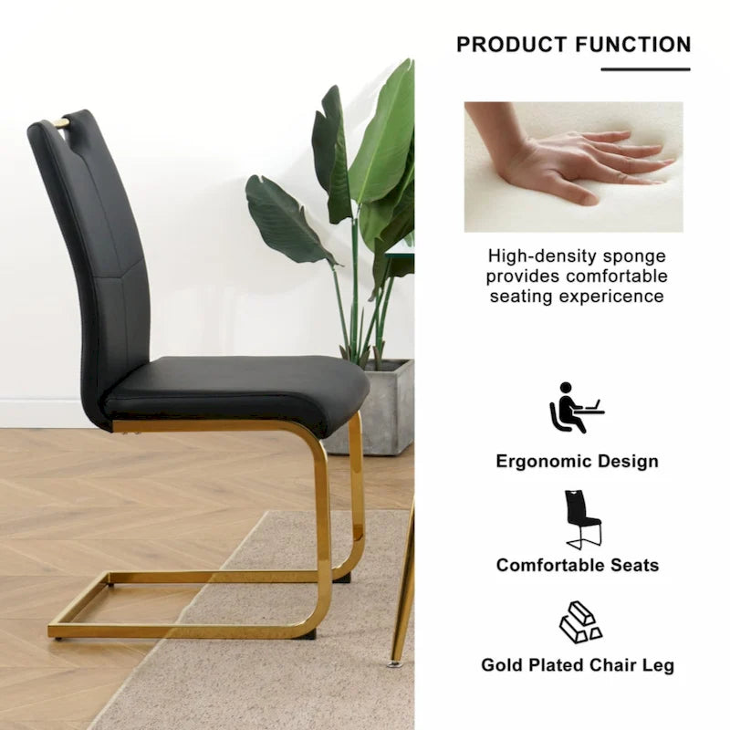 Modern Dining Chair with Gold Metal Legs Black Faux Leather Upholstered Cantilever Design 260 LBS Capacity Set of 2