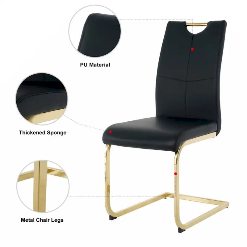 Modern Dining Chair with Gold Metal Legs Black Faux Leather Upholstered Cantilever Design 260 LBS Capacity Set of 2