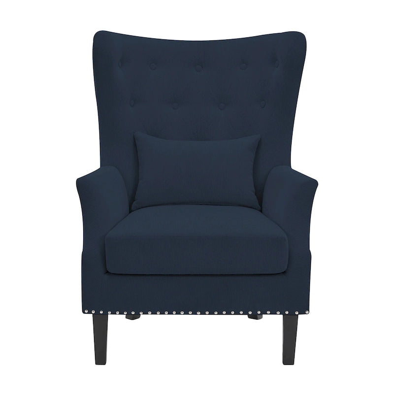 Classic Nailhead Trim Corduroy Wingback Armchair with a Lumbar Pillow and Rubberwood Legs