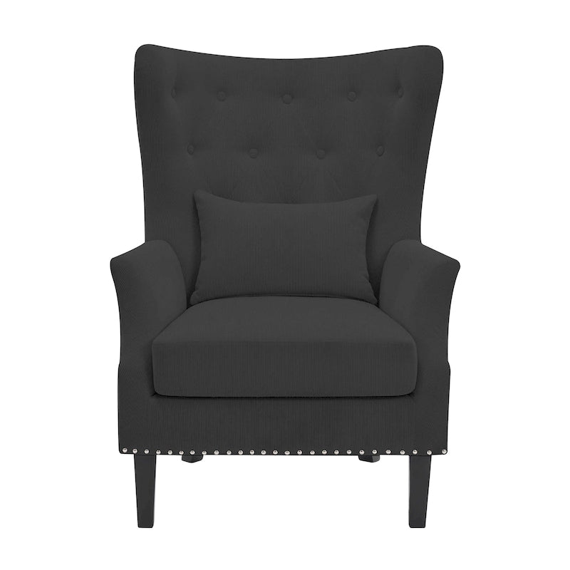 Classic Nailhead Trim Corduroy Wingback Armchair with a Lumbar Pillow and Rubberwood Legs