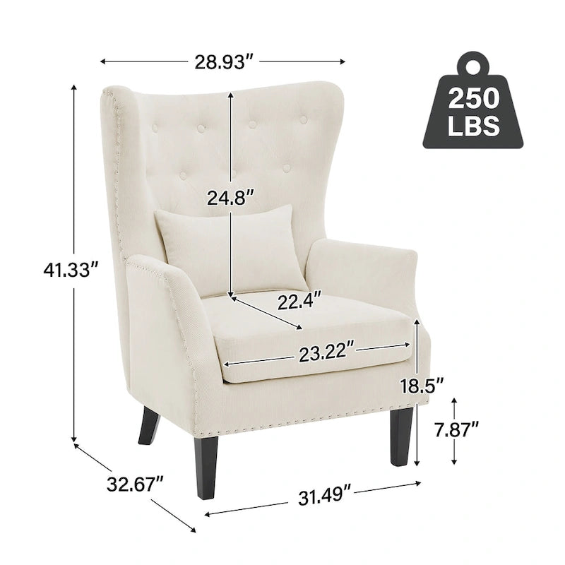 Classic Nailhead Trim Corduroy Wingback Armchair with a Lumbar Pillow and Rubberwood Legs