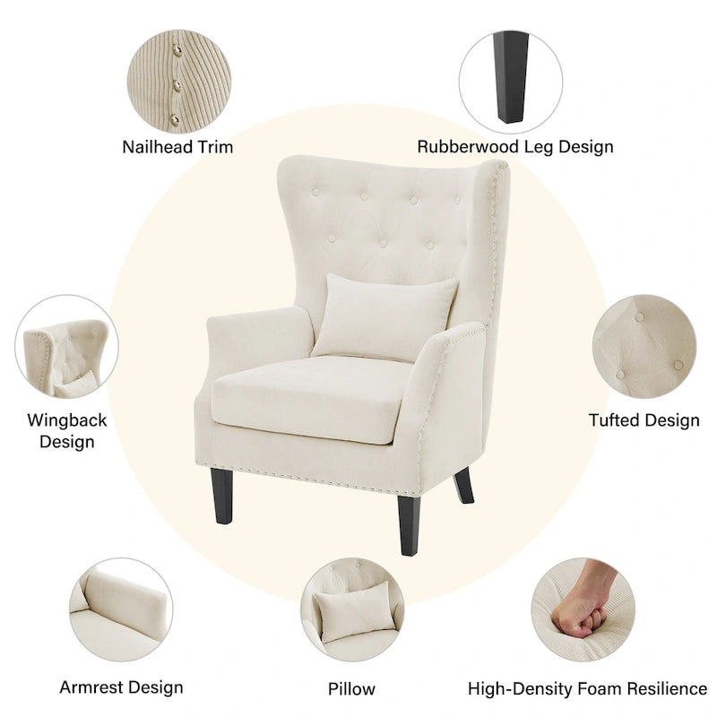 Classic Nailhead Trim Corduroy Wingback Armchair with a Lumbar Pillow and Rubberwood Legs