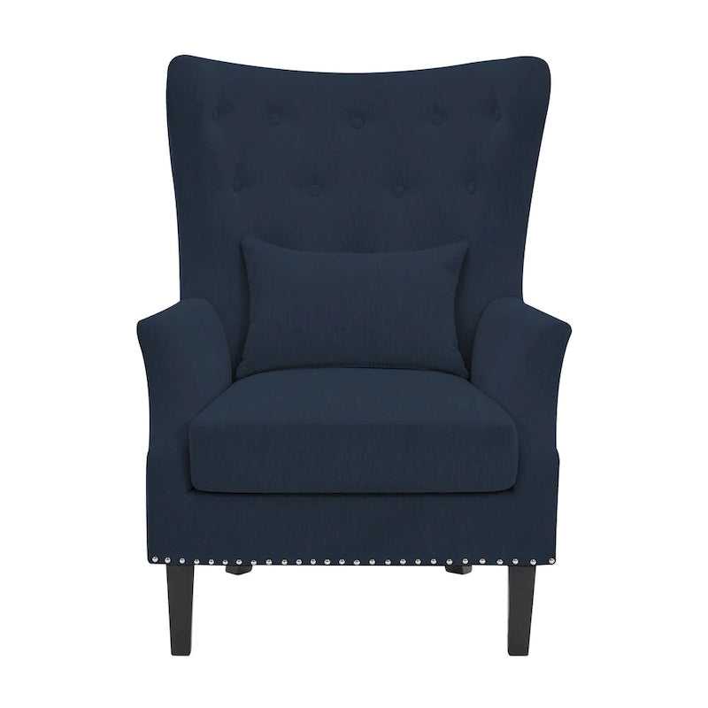 Classic Nailhead Trim Corduroy Wingback Armchair with a Lumbar Pillow and Rubberwood Legs