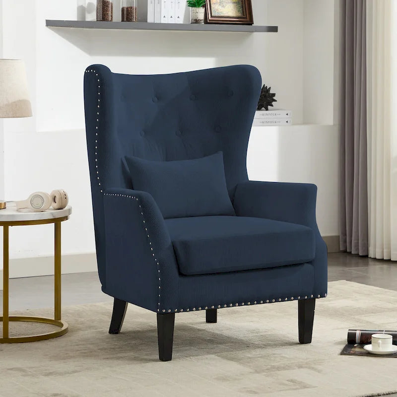 Classic Nailhead Trim Corduroy Wingback Armchair with a Lumbar Pillow and Rubberwood Legs
