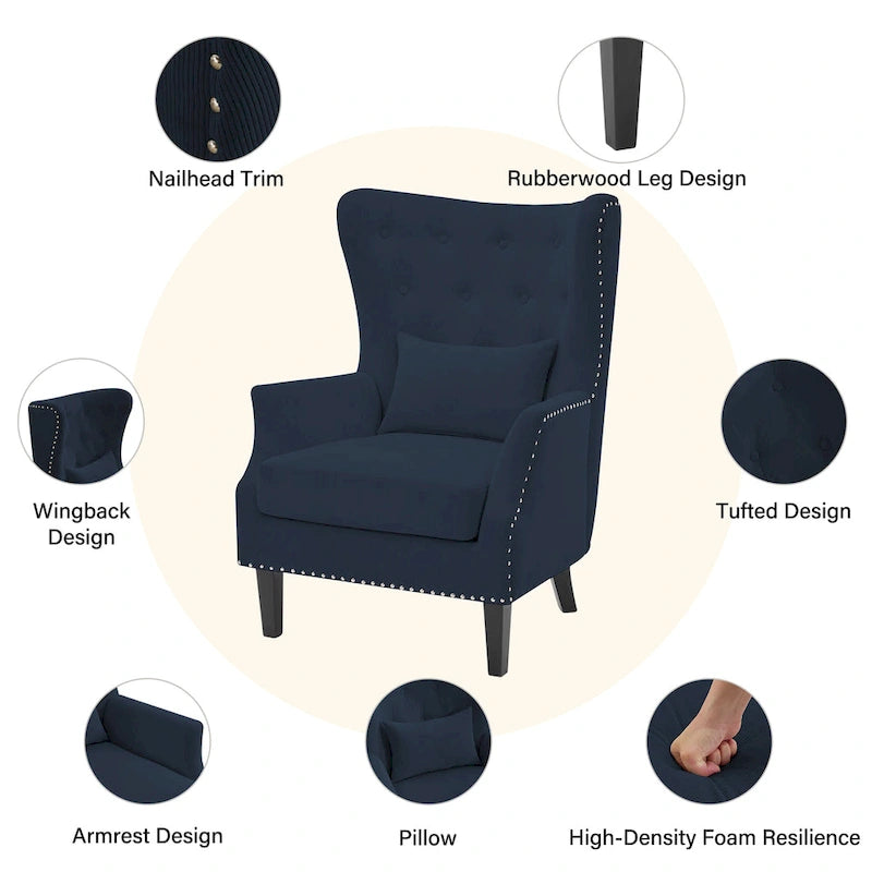 Classic Nailhead Trim Corduroy Wingback Armchair with a Lumbar Pillow and Rubberwood Legs