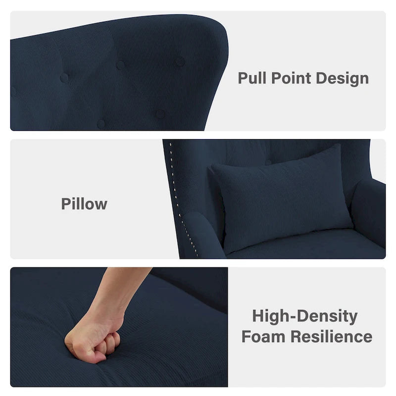 Classic Nailhead Trim Corduroy Wingback Armchair with a Lumbar Pillow and Rubberwood Legs