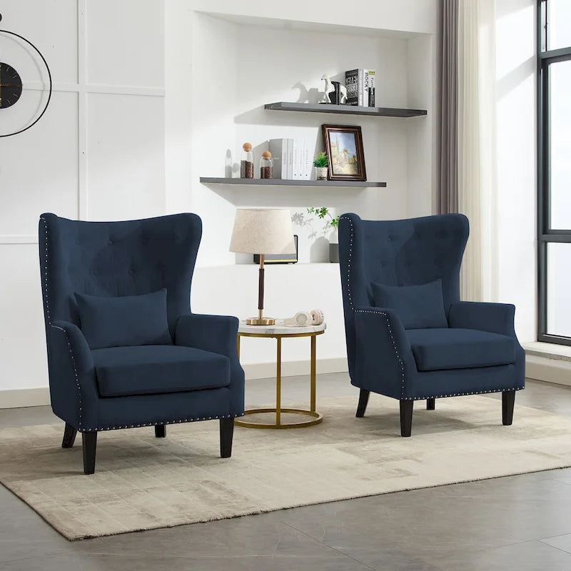 Classic Nailhead Trim Corduroy Wingback Armchair with a Lumbar Pillow and Rubberwood Legs