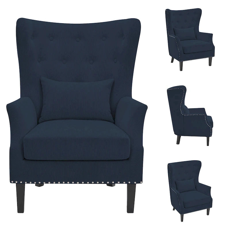 Classic Nailhead Trim Corduroy Wingback Armchair with a Lumbar Pillow and Rubberwood Legs