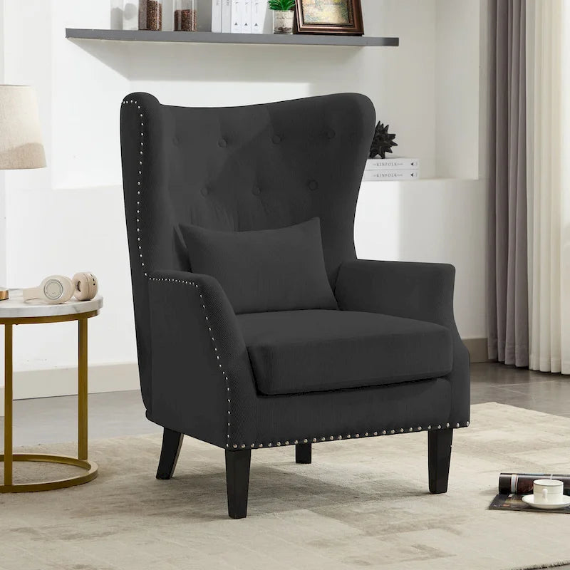 Classic Nailhead Trim Corduroy Wingback Armchair with a Lumbar Pillow and Rubberwood Legs